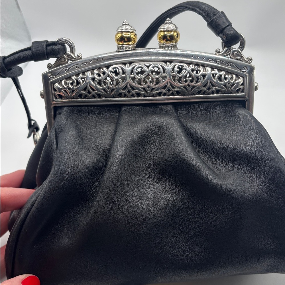 VTG Brighton black mini bag w/magnetic closure ornate silver & gold soft leather - Picture 2 of 10